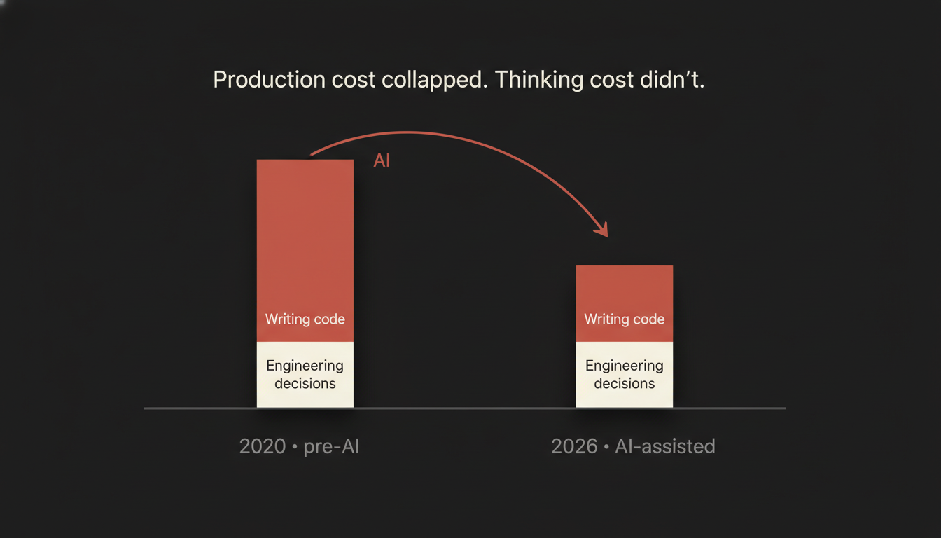 Two stacked bars comparing 2020 and 2026. In 2020 the 'writing code' segment is tall; in 2026 it has collapsed to a thin sliver. The 'engineering decisions' segment stays the same height in both.