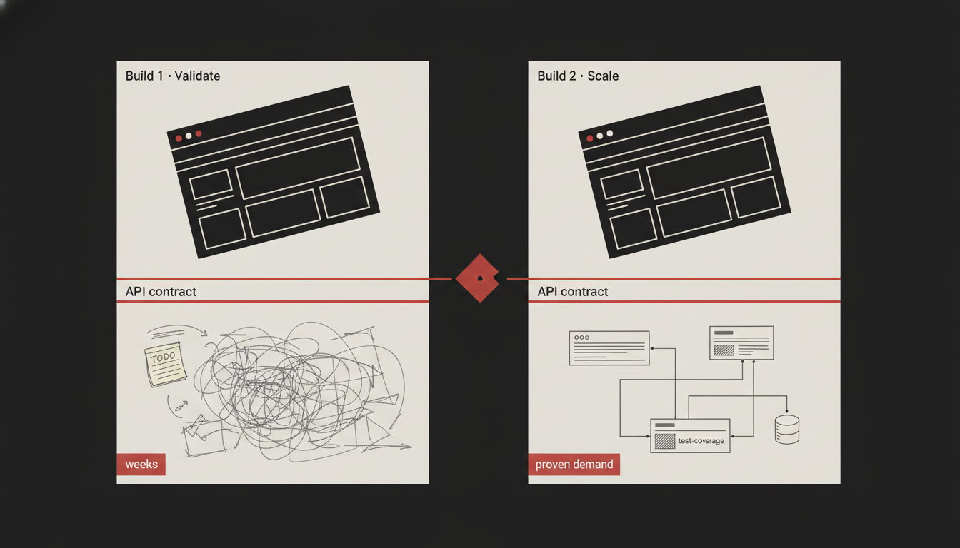 Two side-by-side panels, 'Build 1: Validate' shows a clean UI over a messy wireframe tangle; 'Build 2: Scale' shows the same UI over a disciplined architectural blueprint. The shared API-contract line links them, showing what survives the rebuild.