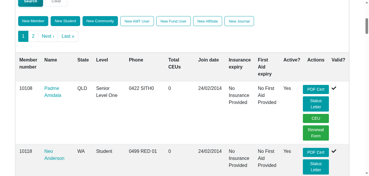 AMT member listing — member numbers, levels, CEUs, insurance and first aid expiry at a glance