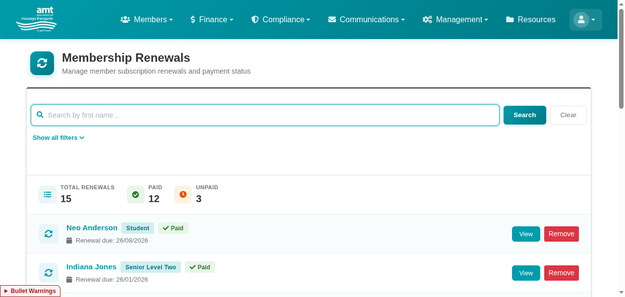 AMT membership renewals — total, paid, and unpaid counts with per-member renewal rows