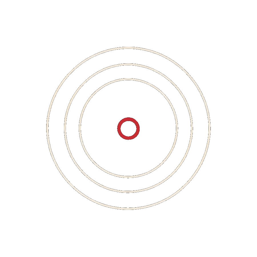 Gaia emblem, concentric rings with a small crimson centre, cream line-work on dark