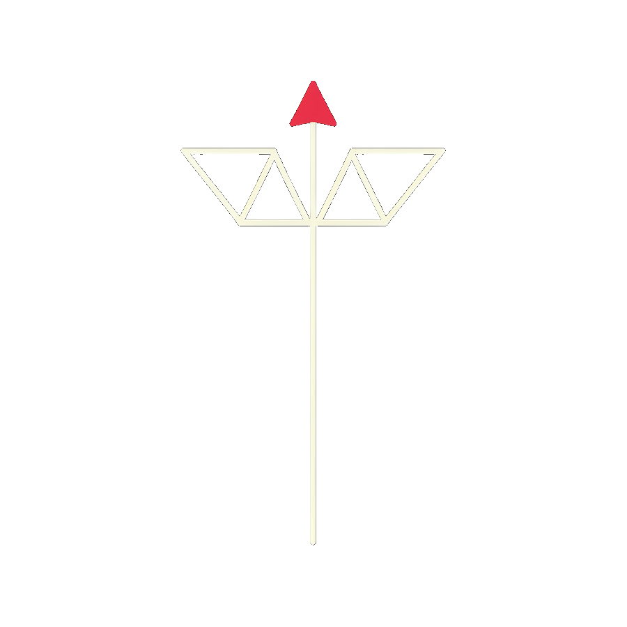 Hermes emblem, winged caduceus-style staff with a small crimson accent tip, cream line-work on dark