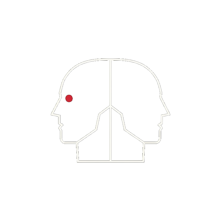 Janus emblem, two-faced silhouette with a small crimson accent, cream line-work on dark