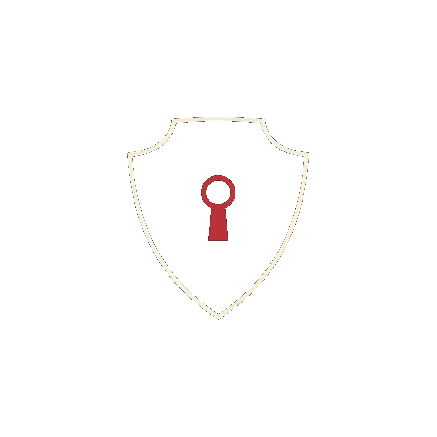 Soteria emblem, shield with a crimson keyhole, cream line-work on dark